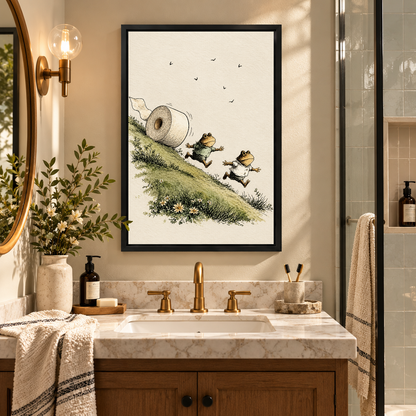Runaway Toilet Roll Frogs Canvas Wall Art framed above a warm bathroom vanity between wall lights.