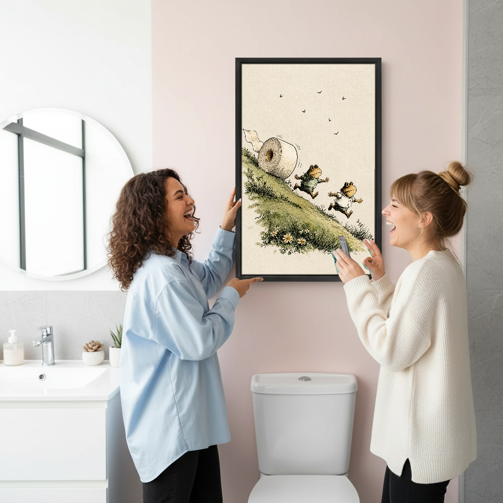 Runaway Toilet Roll Frogs Canvas Wall Art held by two women beside a bathroom mirror and toilet.