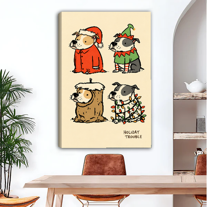 Holiday Trouble Costume Dogs Canvas Wall Art unframed above a wood desk beside a brown chair.