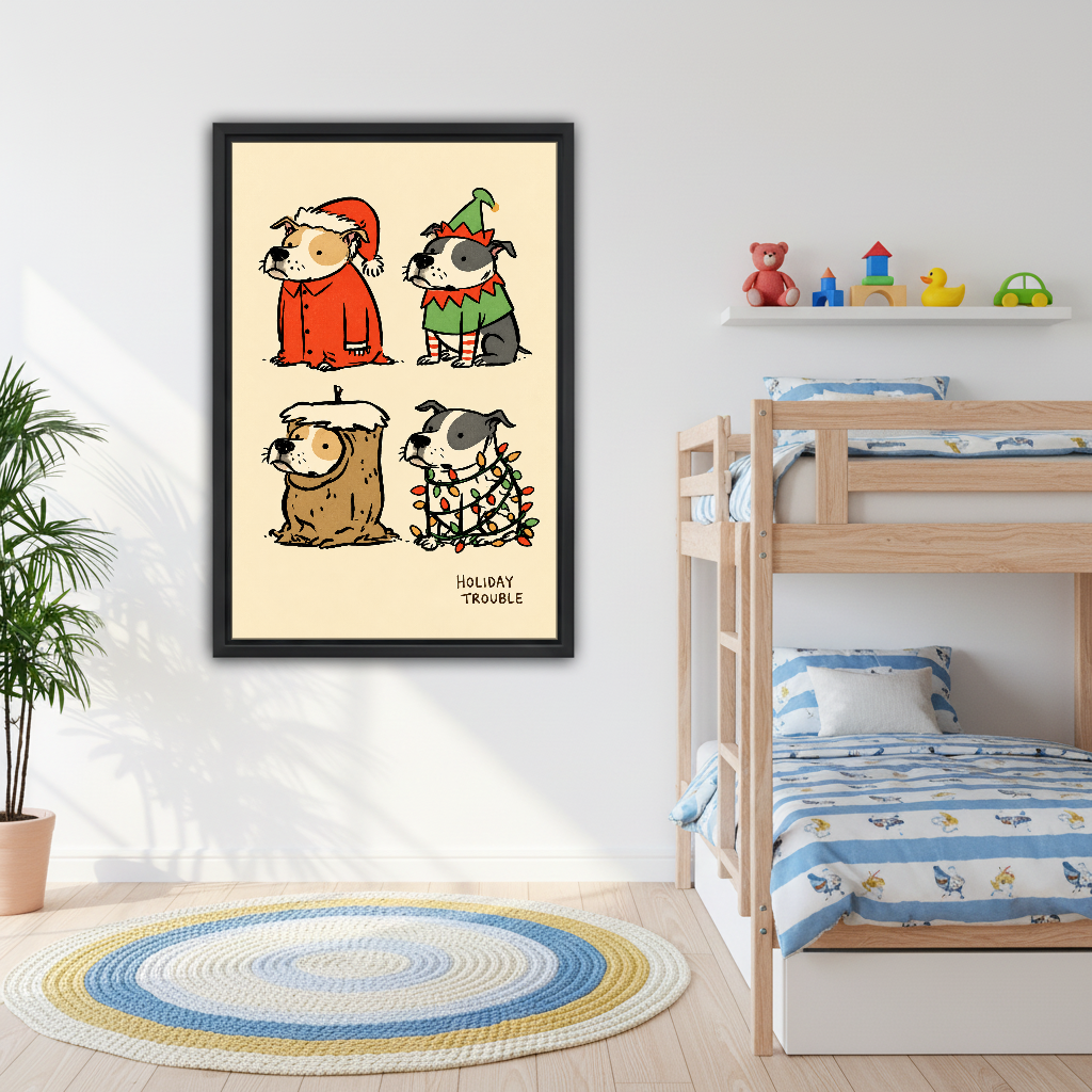 Holiday Trouble Costume Dogs Canvas Wall Art framed above bunk beds with blue nautical bedding.