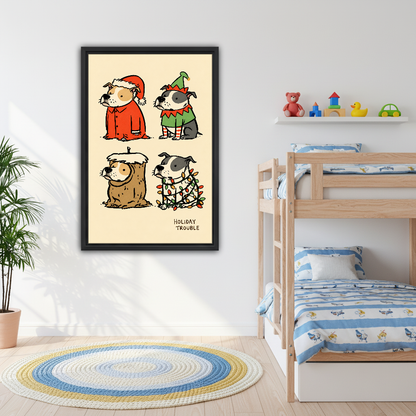 Holiday Trouble Costume Dogs Canvas Wall Art framed above bunk beds with blue nautical bedding.