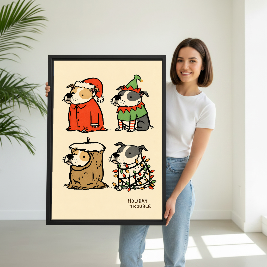 Holiday Trouble Costume Dogs Canvas Wall Art held by a woman in white shirt and jeans.