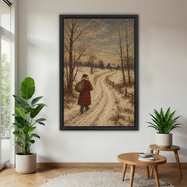 Santa Snowy Country Lane Canvas Wall Art framed above a pale wood table beside green plants.