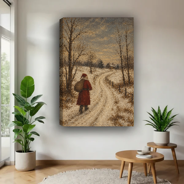 Santa Snowy Country Lane Canvas Wall Art unframed above a pale wood table beside green plants.