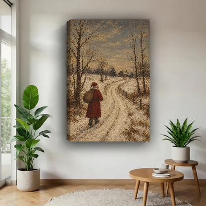 Santa Snowy Country Lane Canvas Wall Art unframed above a pale wood table beside green plants.