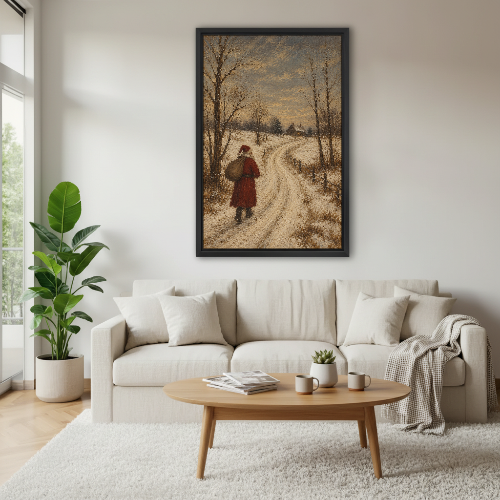 Santa Snowy Country Lane Canvas Wall Art framed above a cream sofa and round wood table.