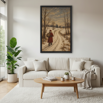 Santa Snowy Country Lane Canvas Wall Art framed above a cream sofa and round wood table.