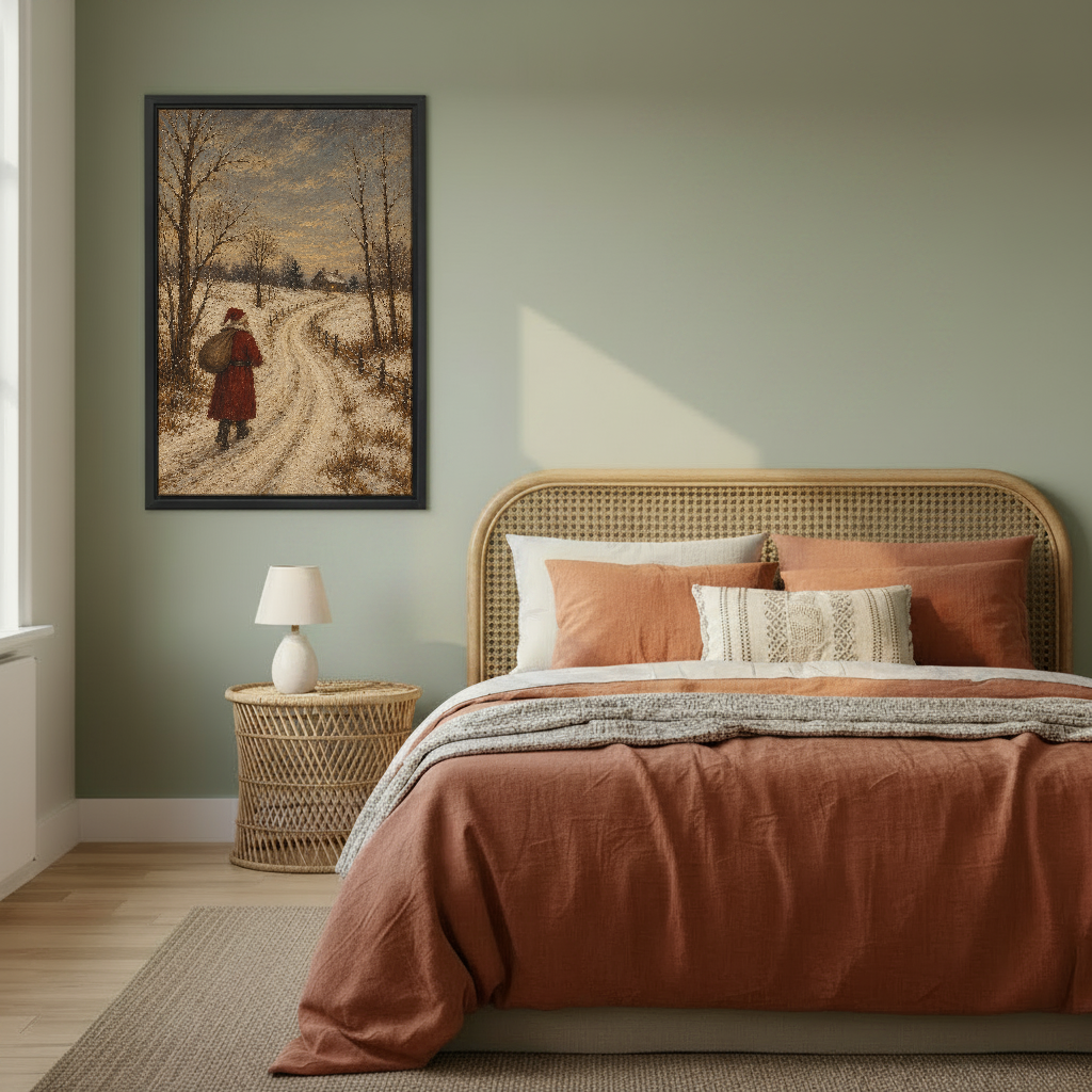 Santa Snowy Country Lane Canvas Wall Art framed above rust bedding against a muted olive wall.