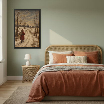 Santa Snowy Country Lane Canvas Wall Art framed above rust bedding against a muted olive wall.