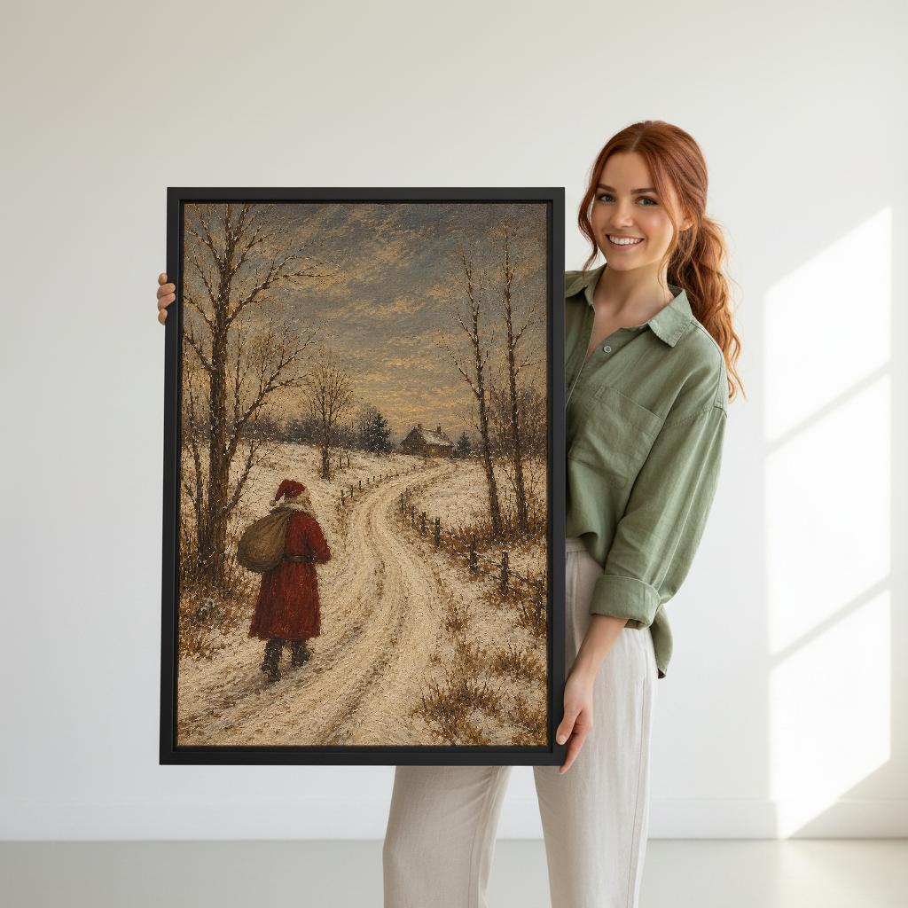 Santa Snowy Country Lane Canvas Wall Art held in a black frame by a woman in green.