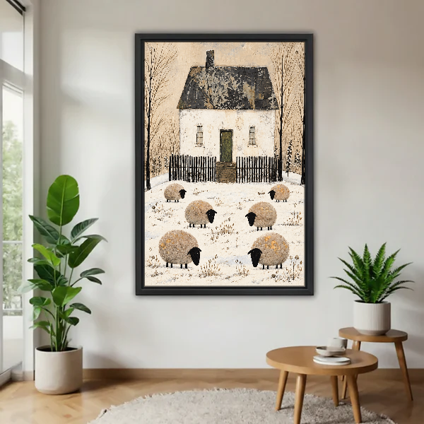 Six Sheep Snowy Cottage Canvas Wall Art framed above a pale wood table beside green plants.