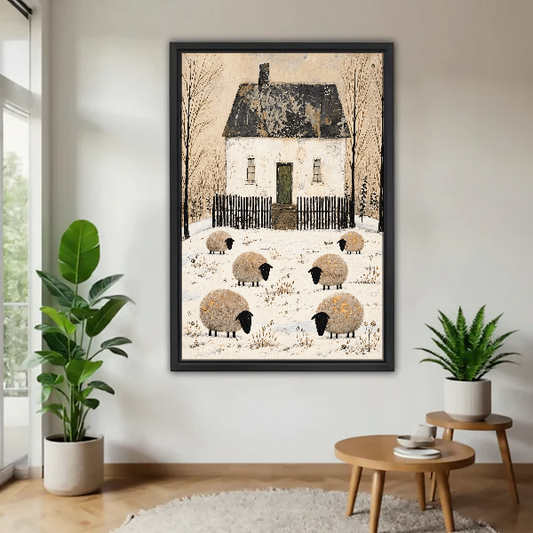 Six Sheep Snowy Cottage Canvas Wall Art framed above a pale wood table beside green plants.