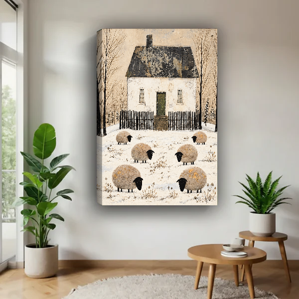 Six Sheep Snowy Cottage Canvas Wall Art unframed above a pale wood table beside green plants.