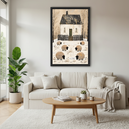 Six Sheep Snowy Cottage Canvas Wall Art framed above a cream sofa and round wood table.