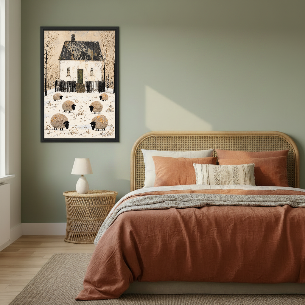Six Sheep Snowy Cottage Canvas Wall Art framed above rust bedding against a muted olive wall.