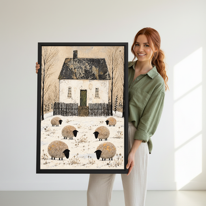 Six Sheep Snowy Cottage Canvas Wall Art held in a black frame by a woman in green.