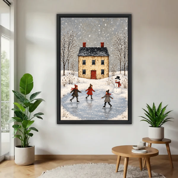 Winter Pond Skating Friends Canvas Wall Art framed above a pale wood table beside green plants.