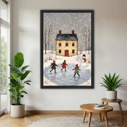 Winter Pond Skating Friends Canvas Wall Art framed above a pale wood table beside green plants.