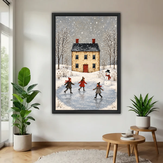 Winter Pond Skating Friends Canvas Wall Art framed above a pale wood table beside green plants.