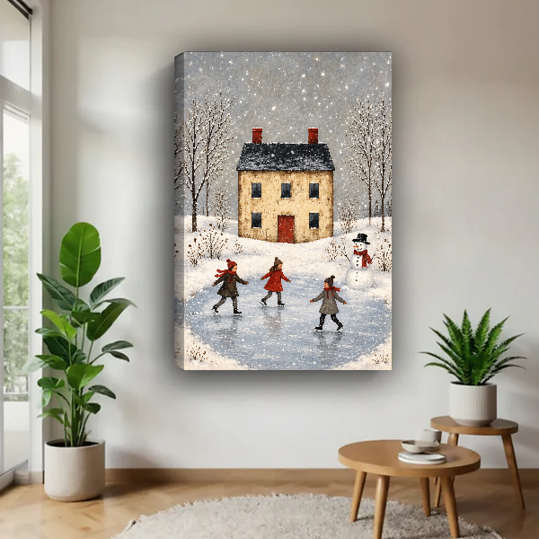 Winter Pond Skating Friends Canvas Wall Art unframed above a pale wood table beside green plants.