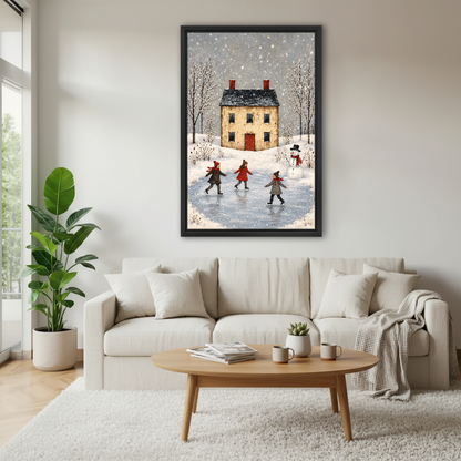 Winter Pond Skating Friends Canvas Wall Art framed above a cream sofa and round wood table.
