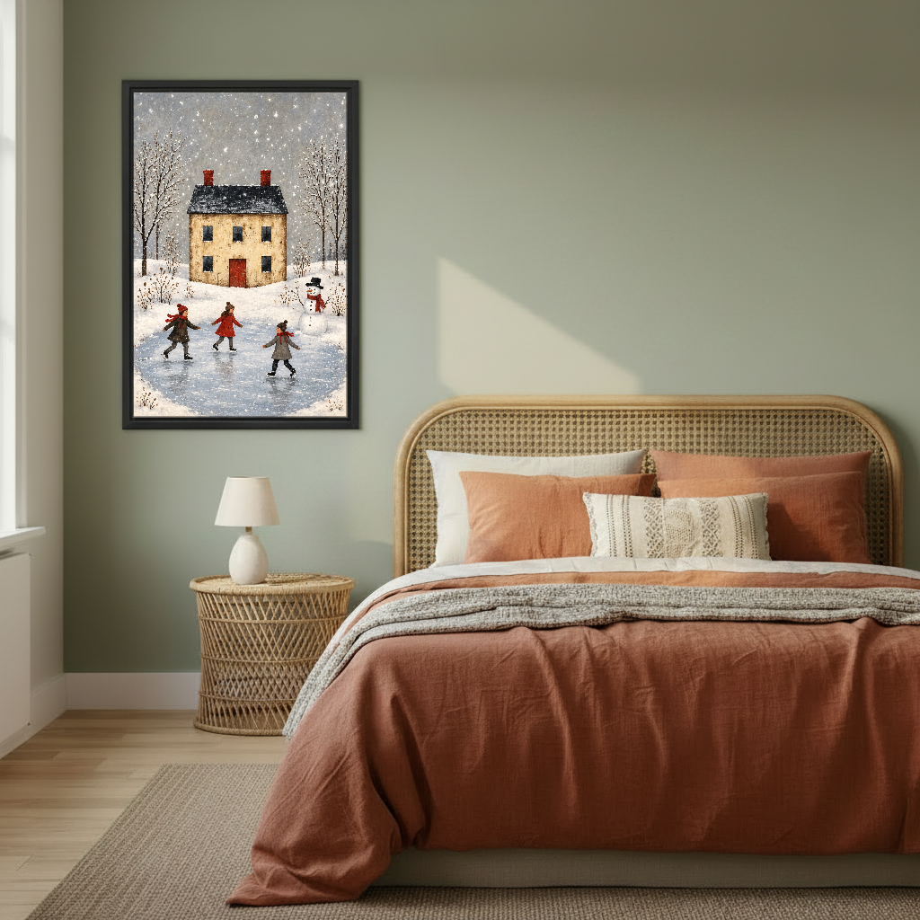 Winter Pond Skating Friends Canvas Wall Art framed above rust bedding against a muted olive wall.