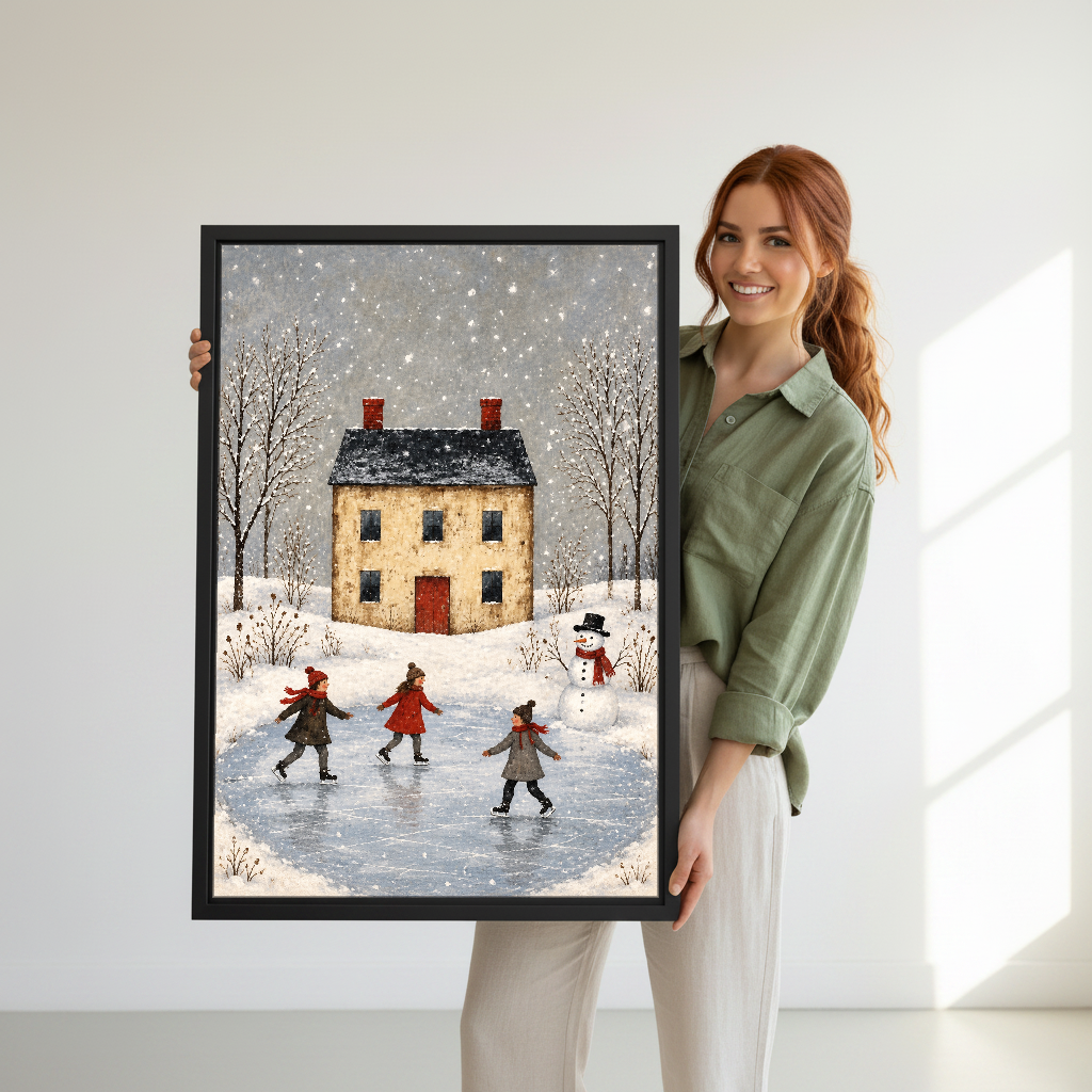 Winter Pond Skating Friends Canvas Wall Art held in a black frame by a woman in green.