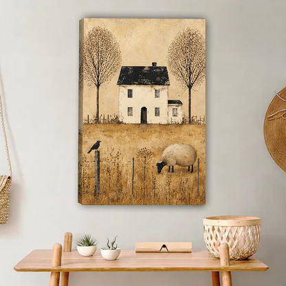 Quiet Country Sheep Cottage Canvas Wall Art unframed above a light wood console and woven basket.
