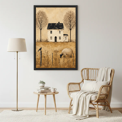 Quiet Country Sheep Cottage Canvas Wall Art framed beside a wicker armchair and brass floor lamp.