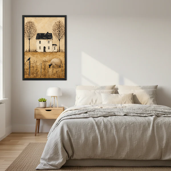 Quiet Country Sheep Cottage Canvas Wall Art framed above cream bedding and pale wood nightstands.