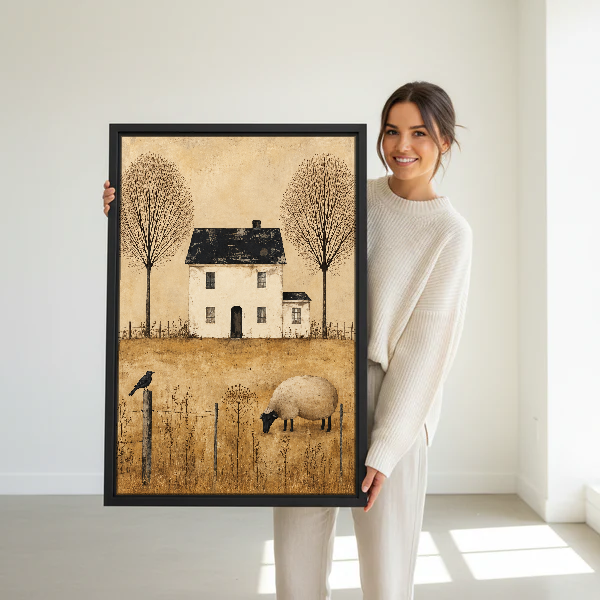Quiet Country Sheep Cottage Canvas Wall Art held in a black frame by a woman in cream.