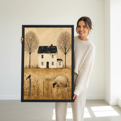 Quiet Country Sheep Cottage Canvas Wall Art held in a black frame by a woman in cream.
