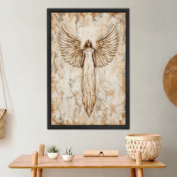 Ivory Angel Open Wings Canvas Wall Art framed above a light wood console with cacti.