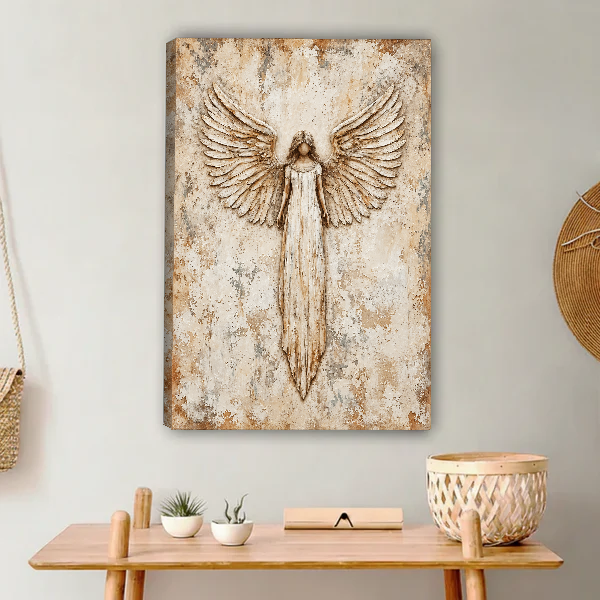 Ivory Angel Open Wings Canvas Wall Art unframed above a light wood console and woven basket.