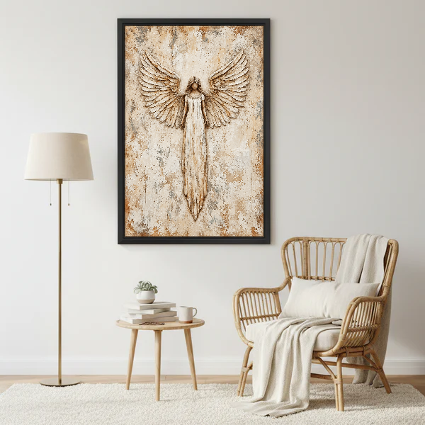 Ivory Angel Open Wings Canvas Wall Art framed beside a wicker armchair and brass floor lamp.
