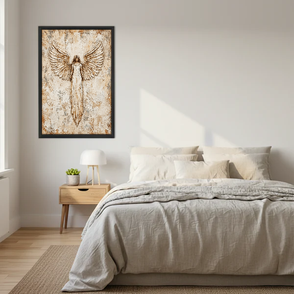 Ivory Angel Open Wings Canvas Wall Art framed above cream bedding and pale wood nightstands.