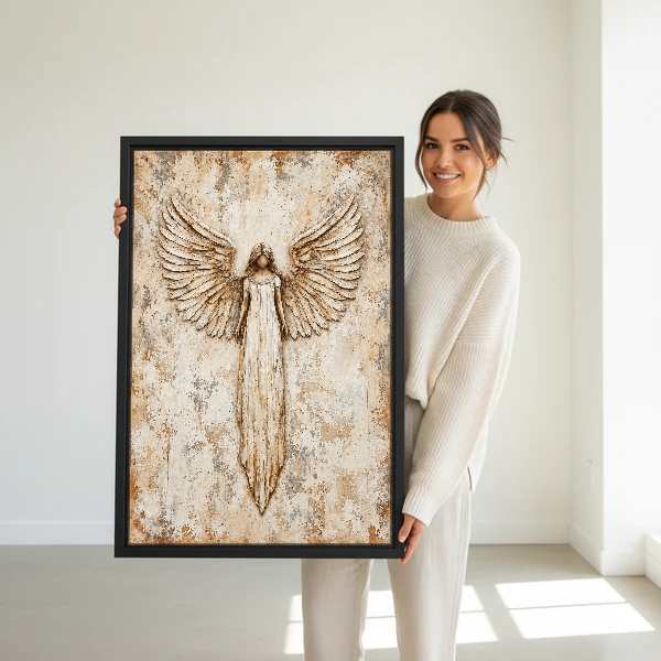 Ivory Angel Open Wings Canvas Wall Art held in a black frame by a woman in cream.