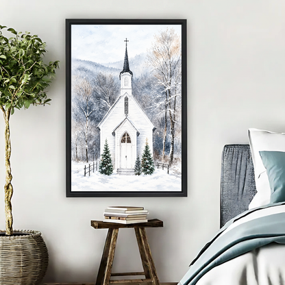 Snowy Woodland White Chapel Canvas Wall Art framed above pale blue bedding beside books and plants.