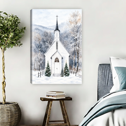 Snowy Woodland White Chapel Canvas Wall Art unframed above pale blue bedding beside a potted tree.