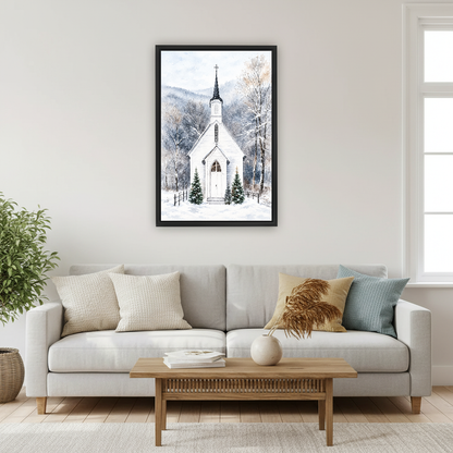 Snowy Woodland White Chapel Canvas Wall Art framed above a cream sofa with blue cushions.