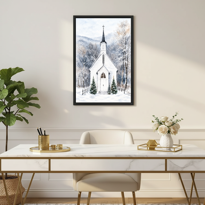 Snowy Woodland White Chapel Canvas Wall Art framed above a white desk with gold legs and plants.