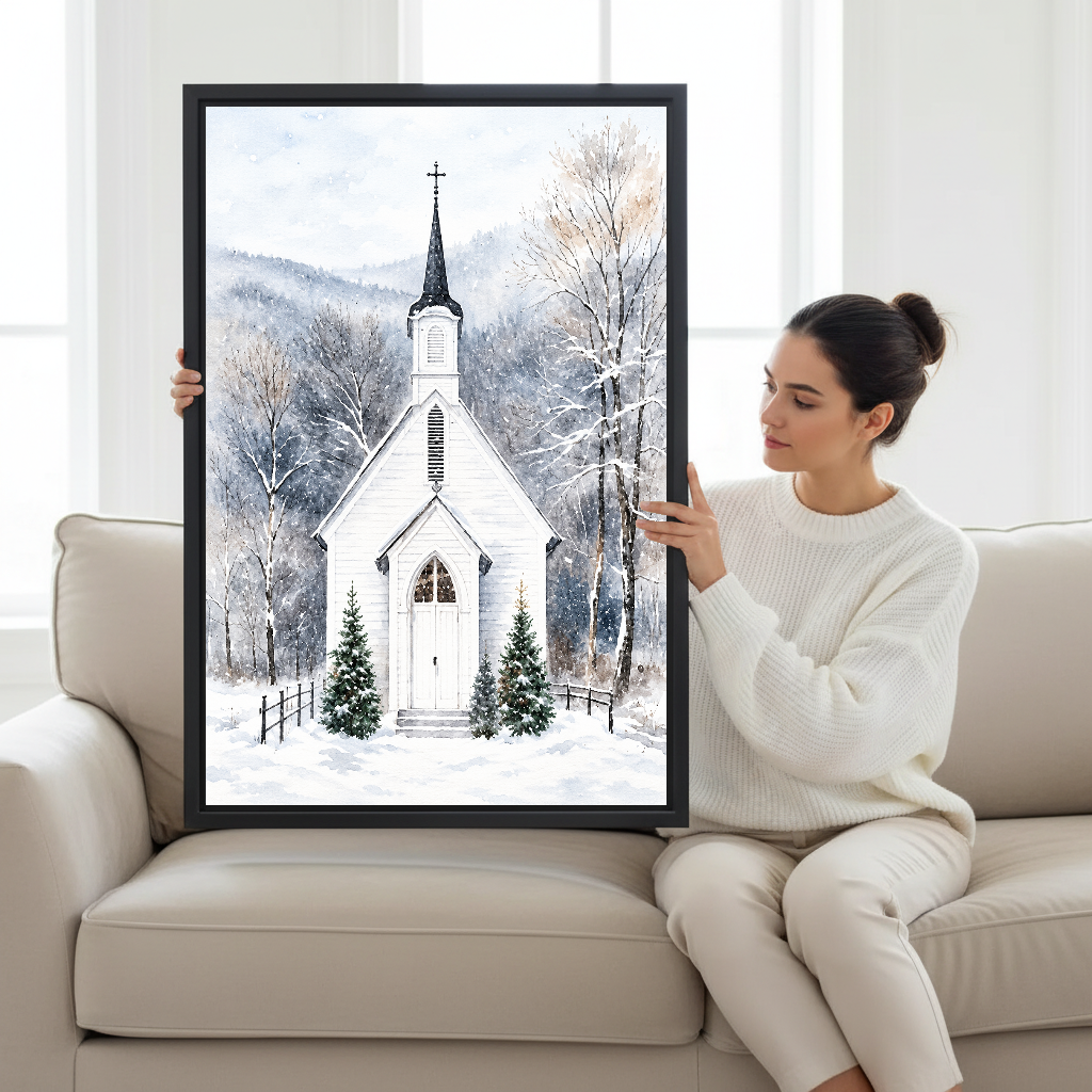 Snowy Woodland White Chapel Canvas Wall Art held by a seated woman beside a cream sofa.