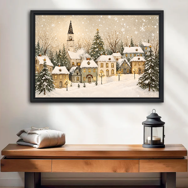 Golden Window Snow Village Canvas Wall Art framed above a wood console with lantern and folded linen.