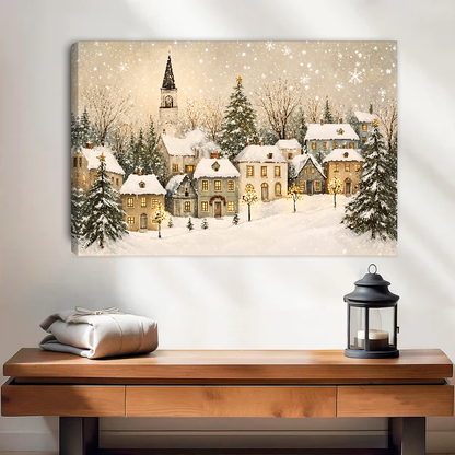 Golden Window Snow Village Canvas Wall Art unframed above a wood console with lantern and folded linen.