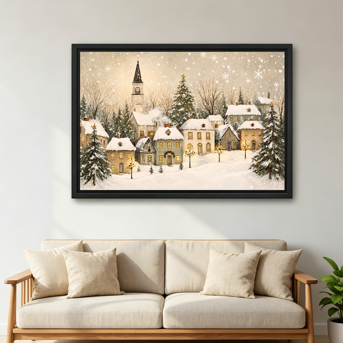 Golden Window Snow Village Canvas Wall Art framed above a cream sofa with wooden arms.