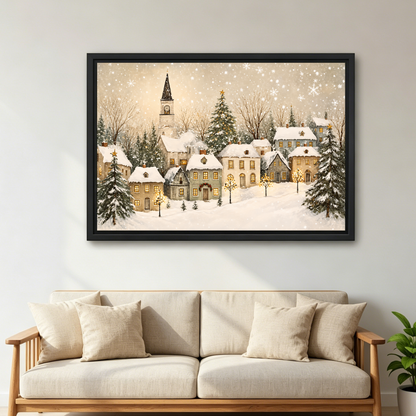Golden Window Snow Village Canvas Wall Art framed above a cream sofa with wooden arms.
