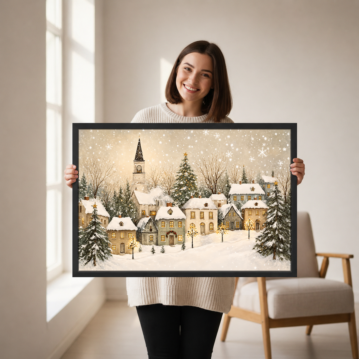 Golden Window Snow Village Canvas Wall Art held by a woman in a bright neutral room.