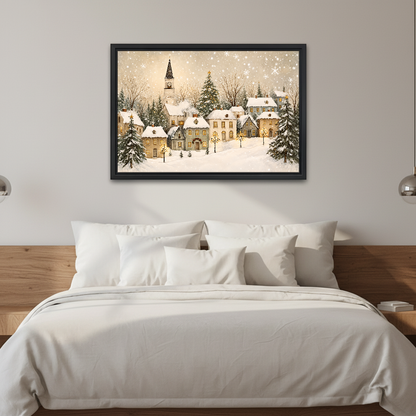 Golden Window Snow Village Canvas Wall Art framed above white bedding and wooden bedside tables.