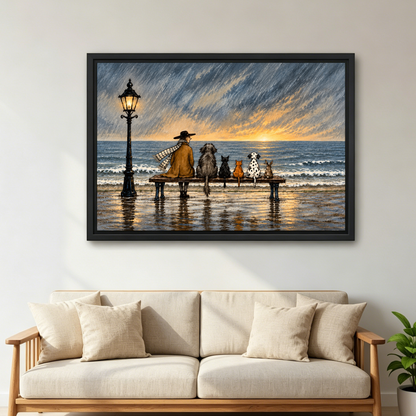 Rainy Seaside Bench Companions Canvas Wall Art framed above a cream sofa with wooden arms.