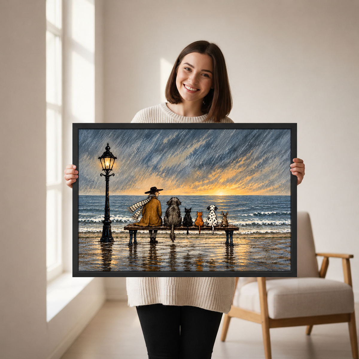 Rainy Seaside Bench Companions Canvas Wall Art held by a woman in a bright neutral room.